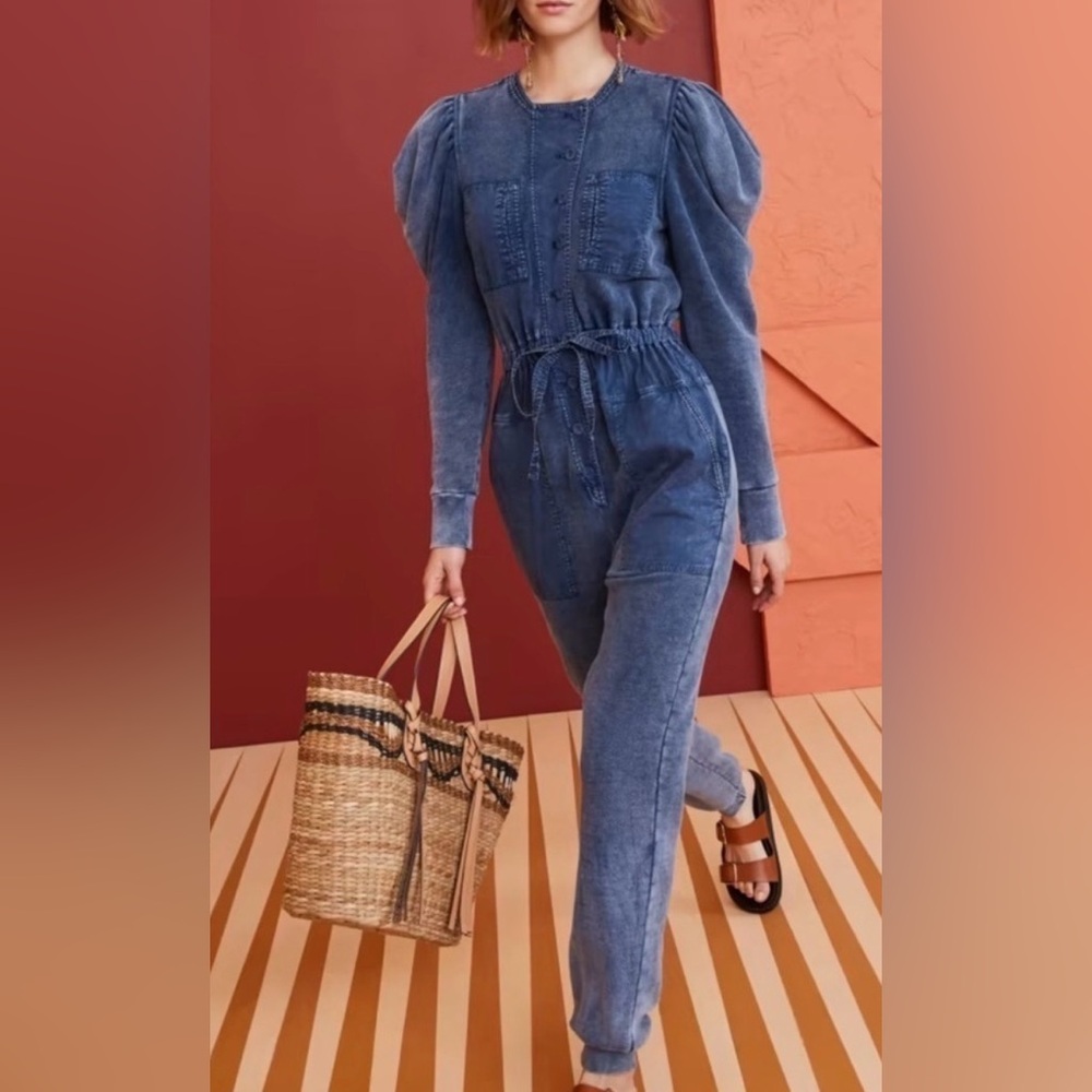 $445 ULLA JOHNSON Sadie Puff Sleeve Jumpsuit Indigo Acid Blue Jogger Pants